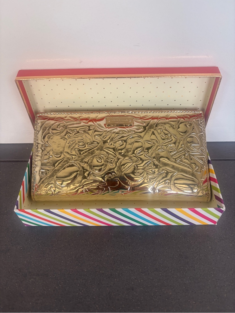 Kate Spade Gold Embossed Stacy Leather Clutch Wallet